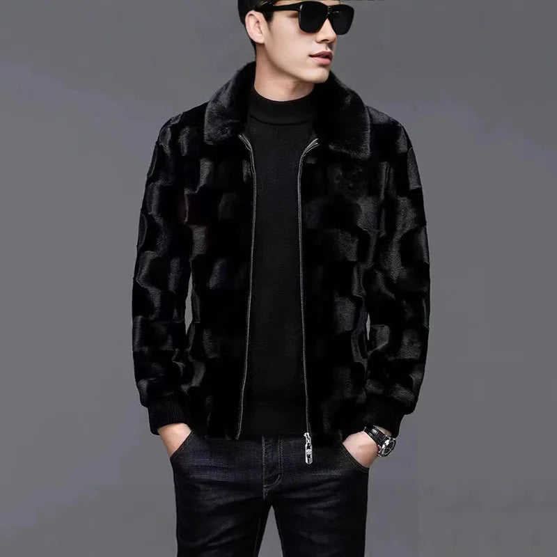 Men's Winter Faux Fur Coat High-End Zipper Thickened Warm Turn Down Collar Jacket Man Black Short Imitation Mink Hair Outwear