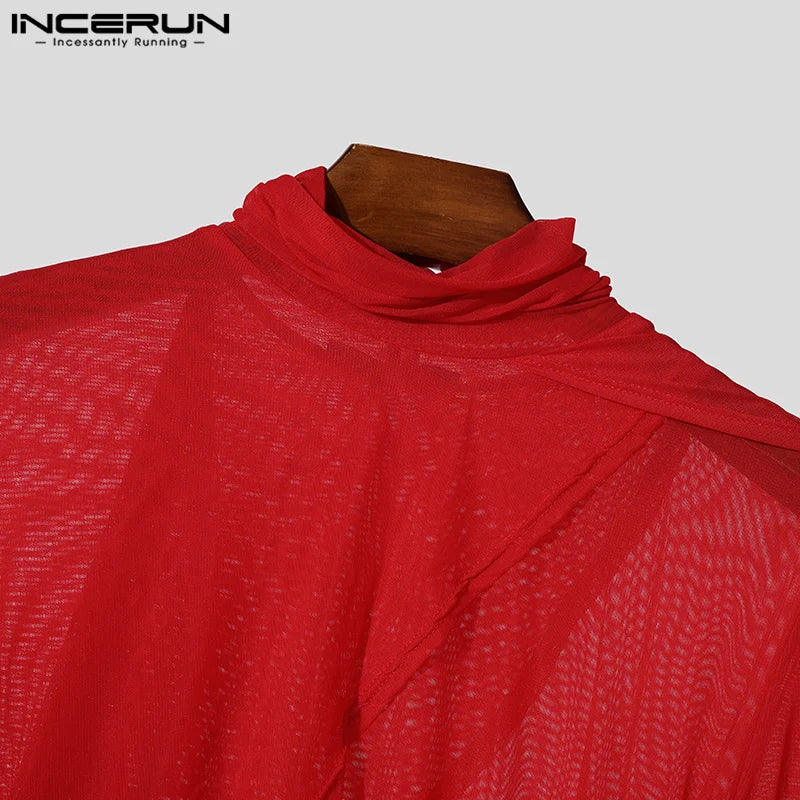INCERUN Men See Through Solid Color Knitted T-Shirts Long Sleeve High Collar Camiseta Ruffled Edge Sexy Elegant Tops Fashion Top
