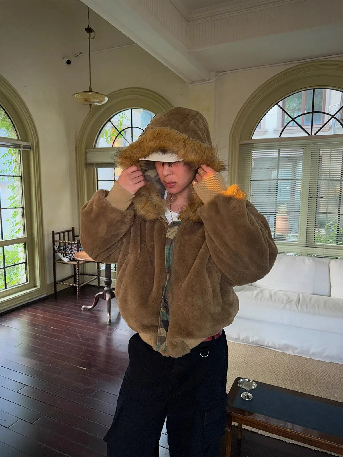 Men Fashion Camoufalge Warm Jacket Fleece Lined Thick Thermal Faux Fur Overcoat Revisable Parkas With Fur Hood Winter Outerwear