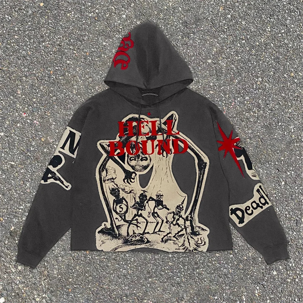 Outerwear Harajuku Casual Gothic Hooded Skull Print Hoodie Men's Retro Elastic Long Sleeve Loose Jacket Sweatshirt Y2K Streetwea