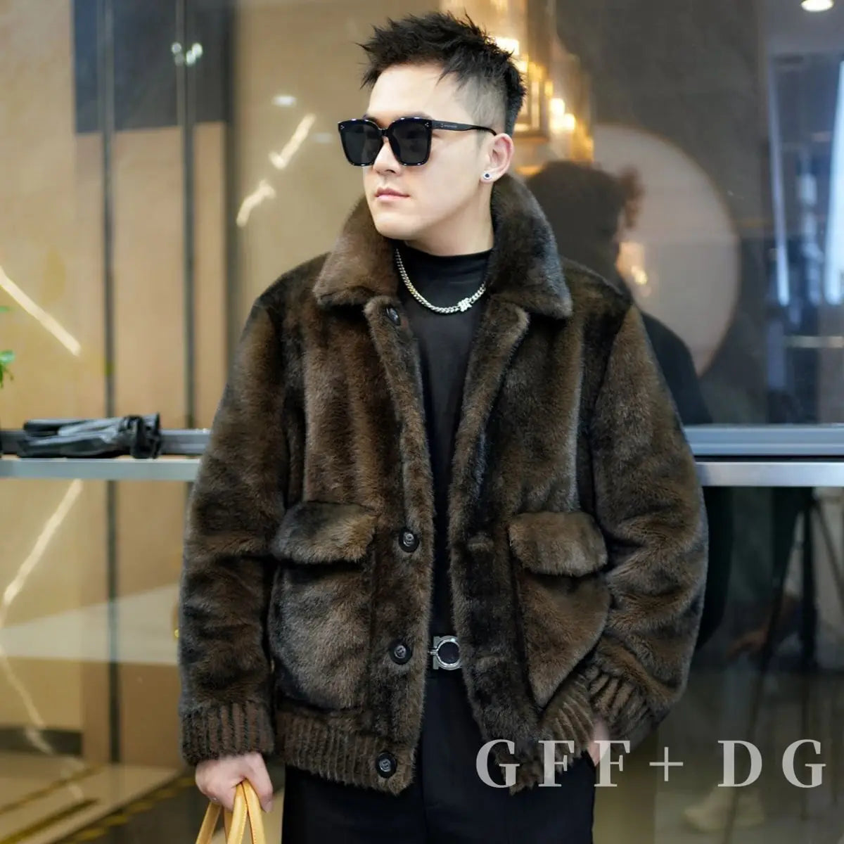 Luxury Brand Winter Faux Fur Coat Men Warm Fur Jacket Single-breasted Reversible Wear Windproof Jacket Business Casual Outerwear