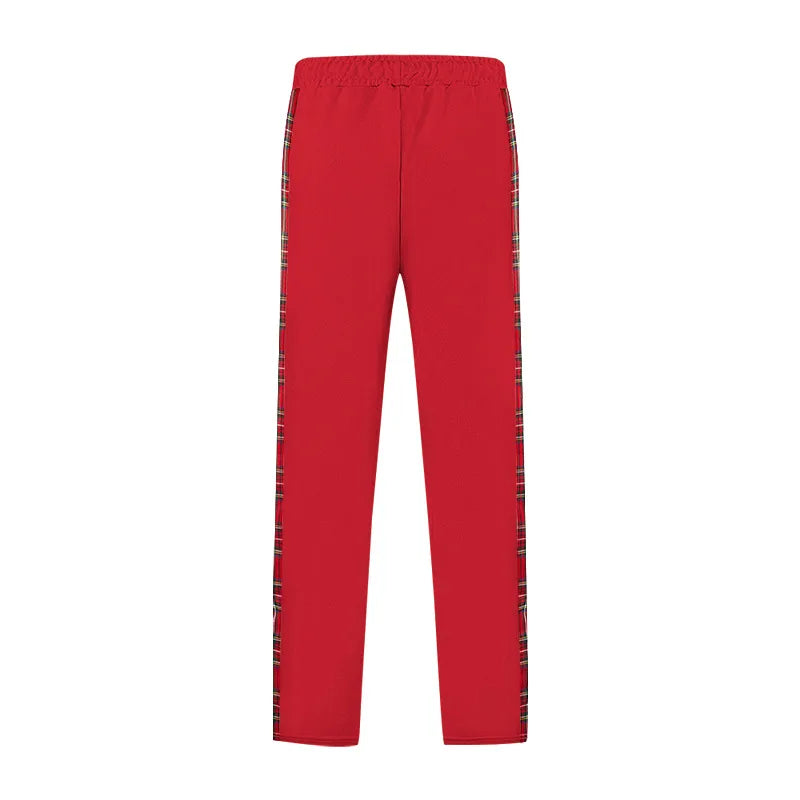 American New Men's Sports Pants Spring and Autumn Breasted Plaid Stitching Design Casual Pants Loose Straight Men's Sweatpants