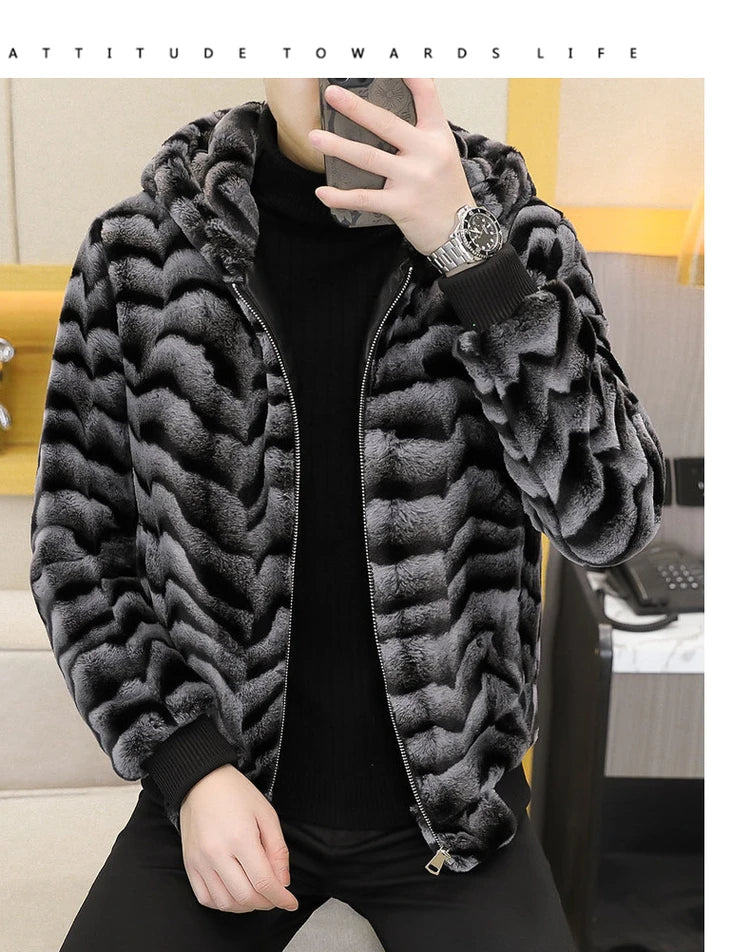 2022 Winter Faux Fur Mink Jackets Men Thicken Warm Imitation Fur Hooded Coat Slim Casual Business Social Jackets Men Clothing
