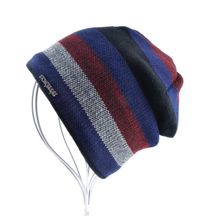 Men's Skullies Hat Bonnet Winter Beanie Knitted Wool Hat Plus Velvet Cap Thicker Stripe Skis Sports Beanies Hats for men