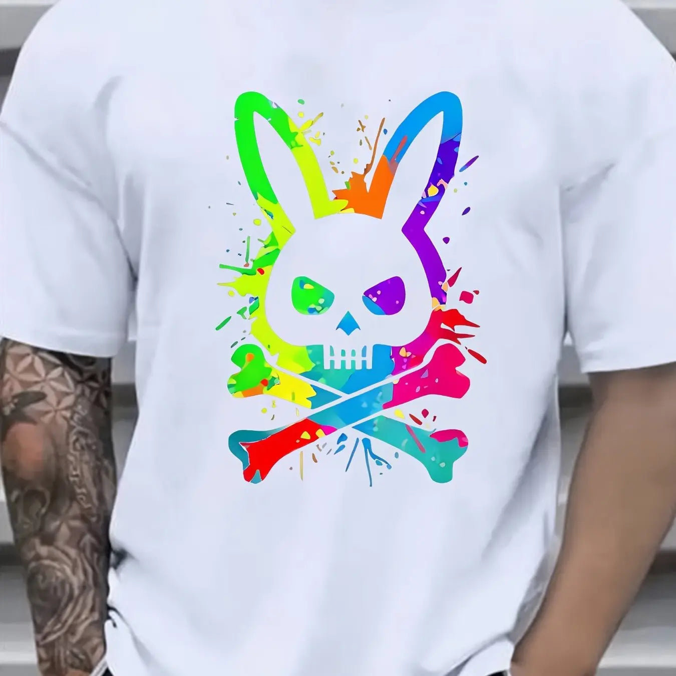Men's summer 100% pure cotton fashionable casual loose color skull and rabbit print sports round neck short sleeved T-shirt top