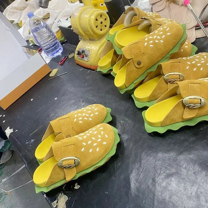 New Lazy Slippers Hamburger Sandals Lover Cute Cosplay Costumes Shoes Loafers Indoor Slippers Cow Suede Casual Comfort Men Women