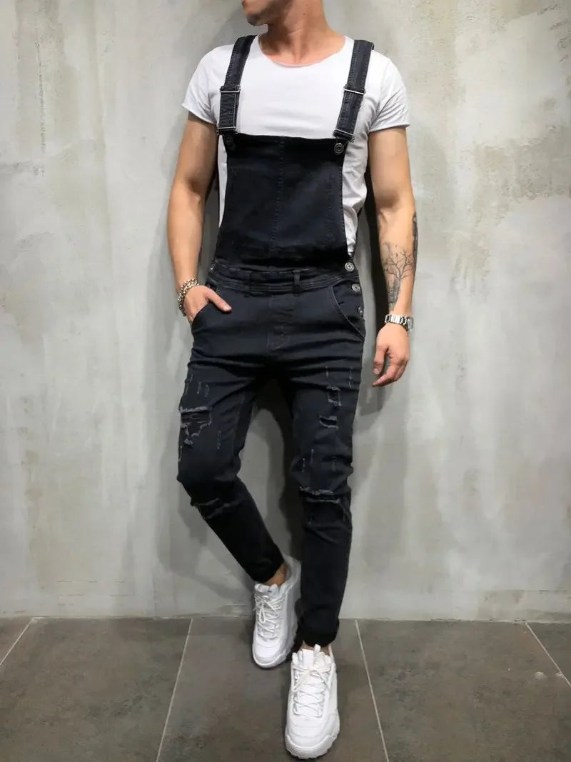 Men Jeans Jumpsuits Denim Overalls Distressed Pockets One Piece Pencil Pants Solid Washed Ankle Length Safari Style Spliced 2025