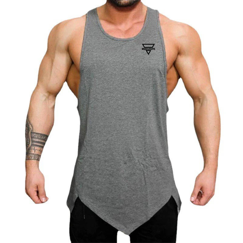 Men’s Gym Clothes Summer Trend Cotton Breathable Vest Irregular Hem Fitness Sleeveless T-shirts Printing O-neck