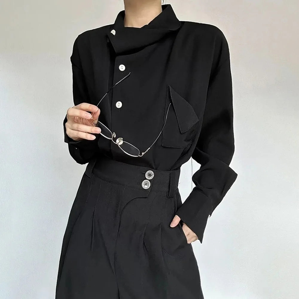 2026 Spring New Men's Long Sleeve Solid Color Shirt Elegant Retro High-End Fashion Loose Neckline Design Irregular Men's Tops