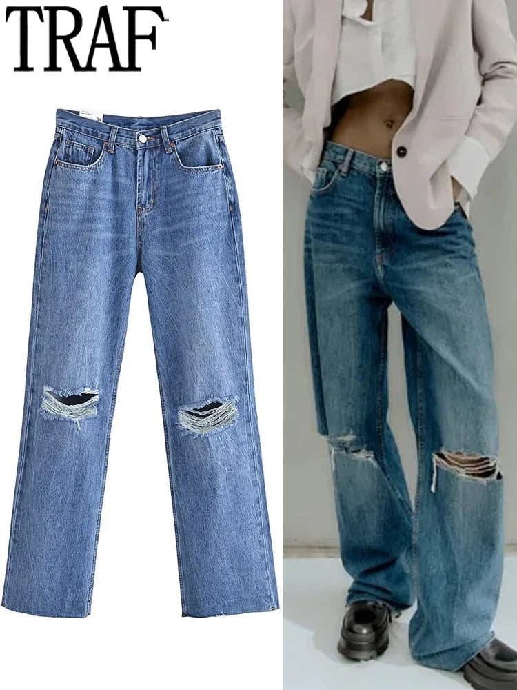 TRAF Blue Baggy Jeans Women Ripped Denim Pants Woman High Waist Wide Leg Pants Female Fashion Streetwear Women's Trousers