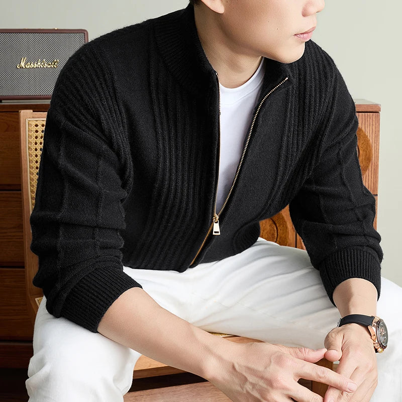 Luxury New Men's knitted sweater coat fashion jacquard zipper half high collar thicken warm soft comfort solid color cardigan
