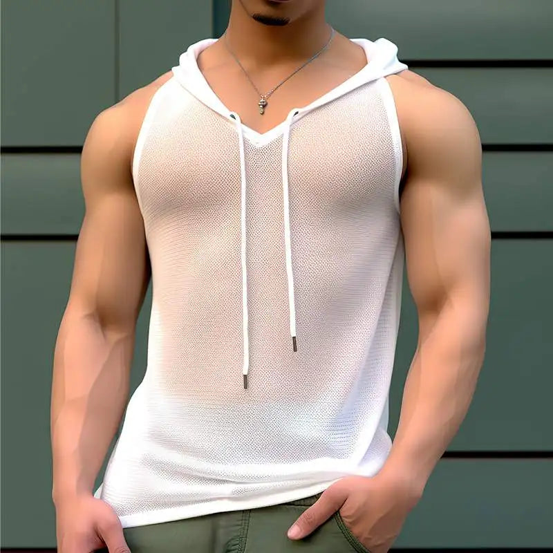 INCERUN Men Tank Tops Mesh Transparent Solid Color Hooded Sleeveless V Neck Male Vests Streetwear Sexy 2024 Fashion Men Clothing