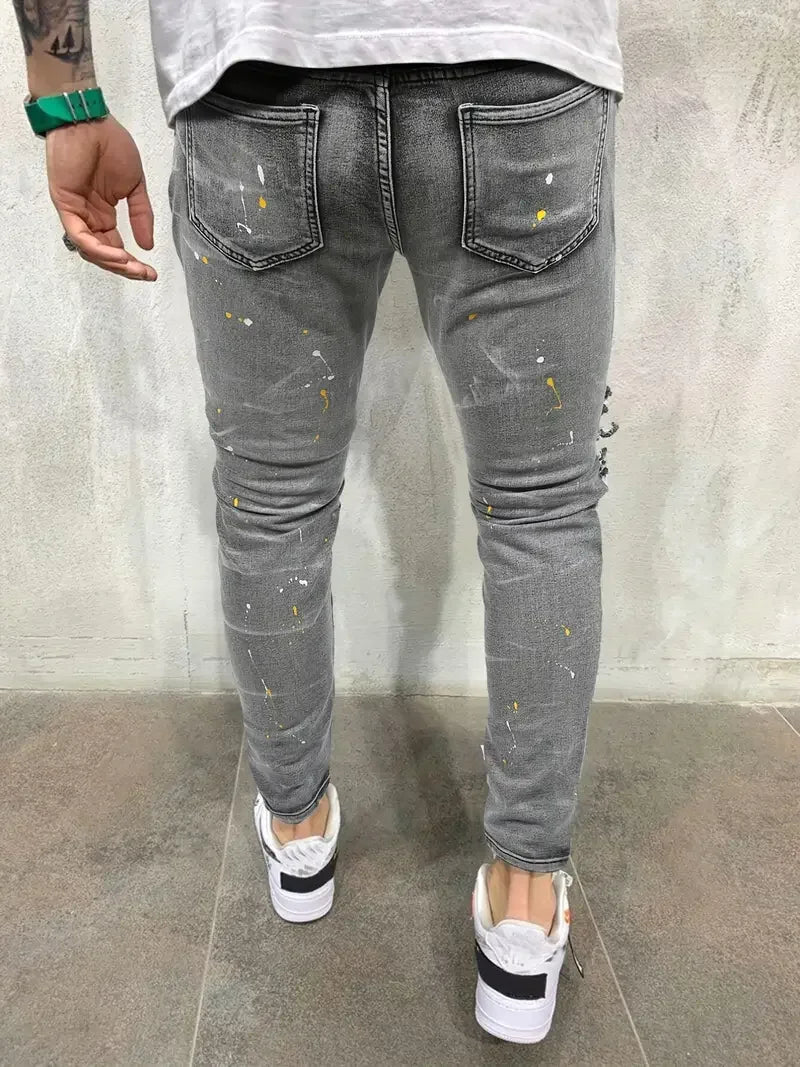 Men's Casual Creative Street Style High Stretch Paint Splatter Ripped Design Slim Fit Jeans Denim Pants For Spring Summer