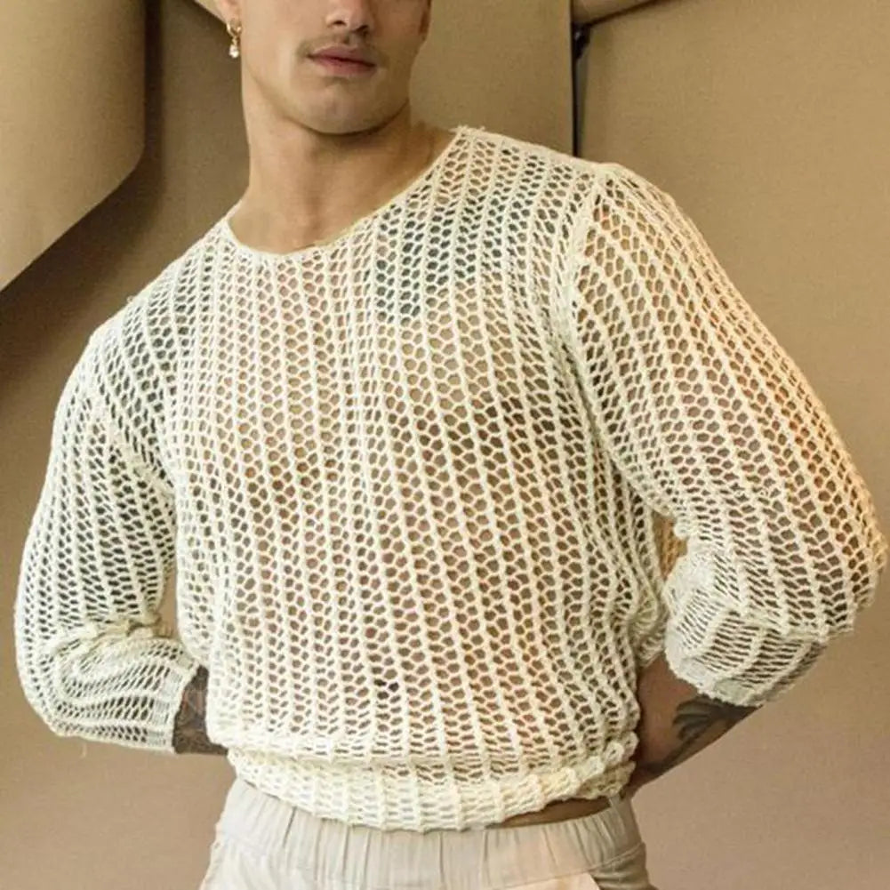 Knit Mesh Top Men Transparent Sexy See Through Men Long Sleeve Tee Streetwear Men's Clothing Fishnet Muscle Undershirts