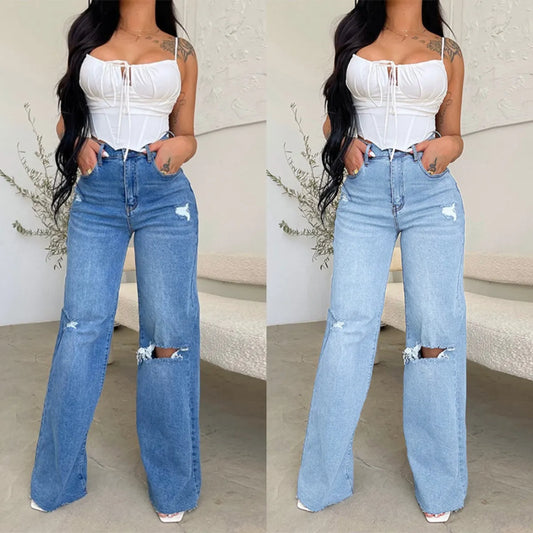 2024 Fall New Women's High Waist Ripped Jeans Fashion Loose Denim Wide Leg Pants Casual Female Trousers S-2XL Drop Shipping