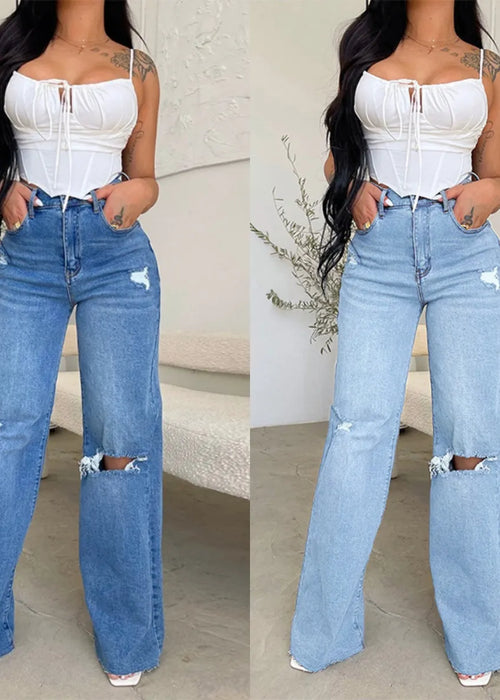 2024 Fall New Women's High Waist Ripped Jeans Fashion Loose Denim Wide Leg Pants Casual Female Trousers S-2XL Drop Shipping