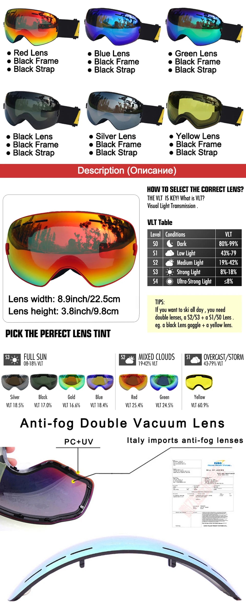 LOCLE Ski Goggles Double Layers Anti-fog UV 400 Ski Glasses Men Women Skiing Snowboard Skateboard Snow Goggles Ski Mask