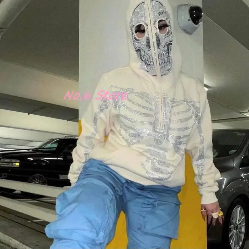 Hip Hop Sweatshirt Rhinestone Skull Graphics Oversized Couples Hoodie Y2k Clothes Full Zip Up Punk Sport Jacket Men Streetwear