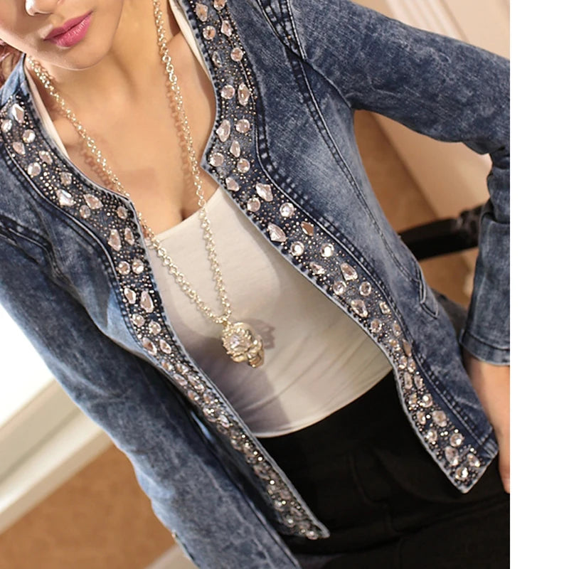 FMFSSOM New Spring Antumn Denim Jackets Vintage Diamonds Casual Coat Women's Denim Jacket Basis Tops Outerwear Jeans