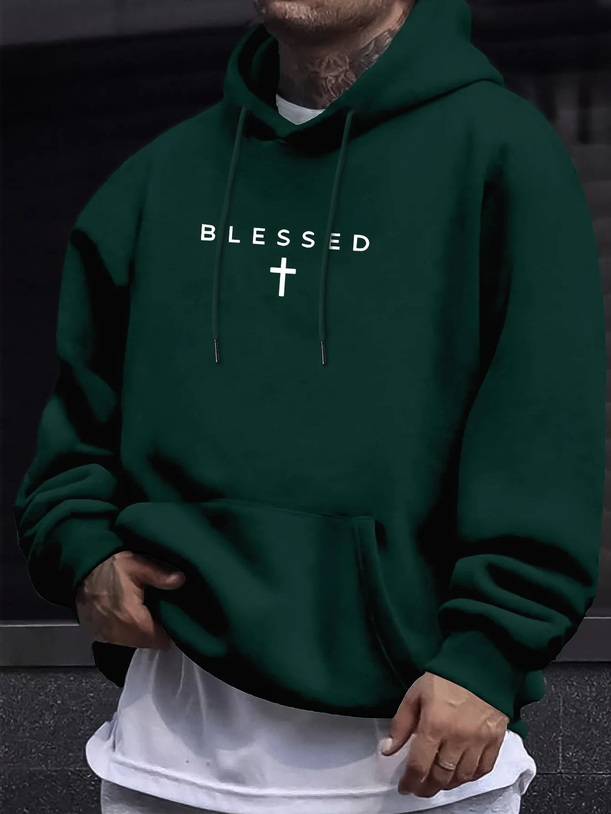 Men's Fall/winter Casual Comfortable Hooded Sweater with Blessing Cross Pattern and Geometric Designs in A Loose Fit.