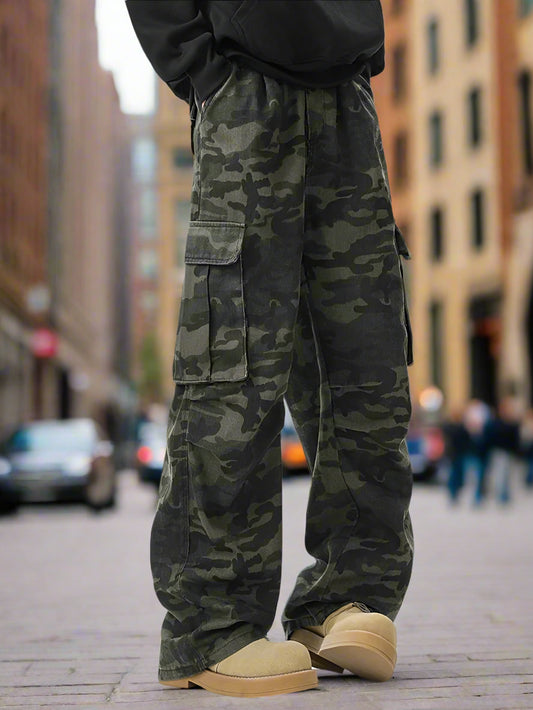 Men's Fashion Cargo Pants Jeans Washed Camouflage Multi-pockets Straight Wide Leg Male Pants Denim Pants New Stylish 2025