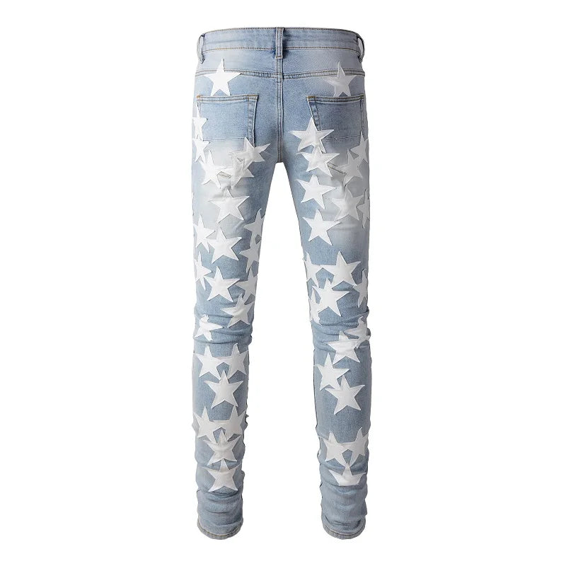 Best Sellers Men's Distressed Streetwear Light Blue Denim Pants Leather White Stars Patchwork Moustache Holes Ripped Jeans Pants