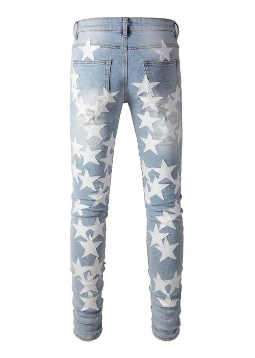 Best Sellers Men's Distressed Streetwear Light Blue Denim Pants Leather White Stars Patchwork Moustache Holes Ripped Jeans Pants