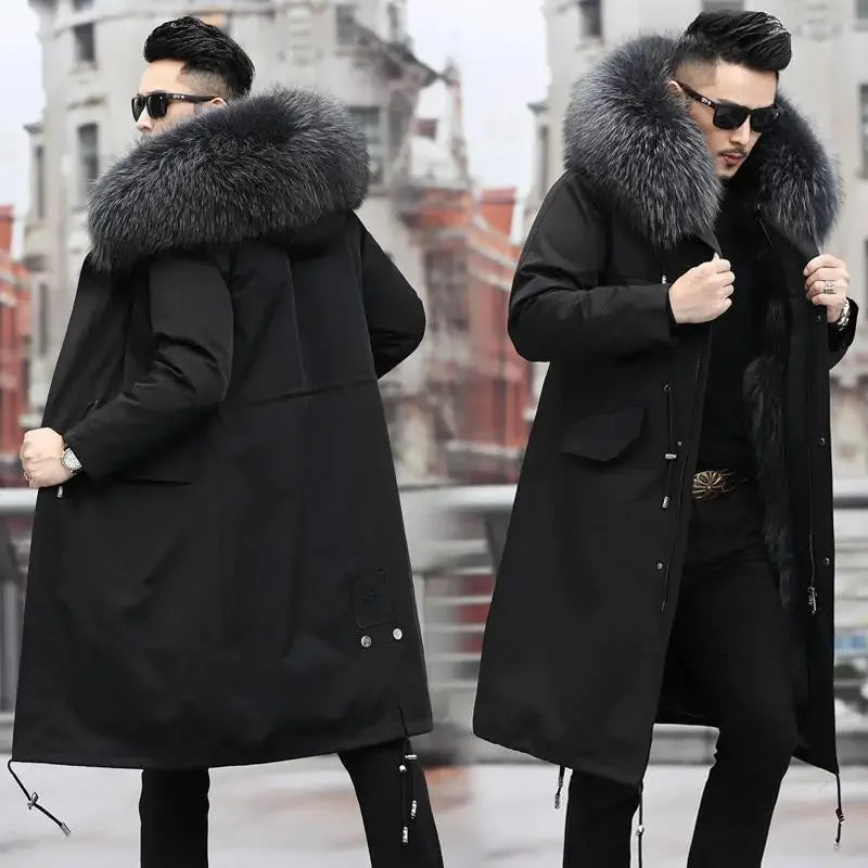 Thick Warm Coat Men Winter Coat  Winter Men's Parker Coat Medium and Long Fur In One Thermal Fur Jacket Men's Detachable Liner