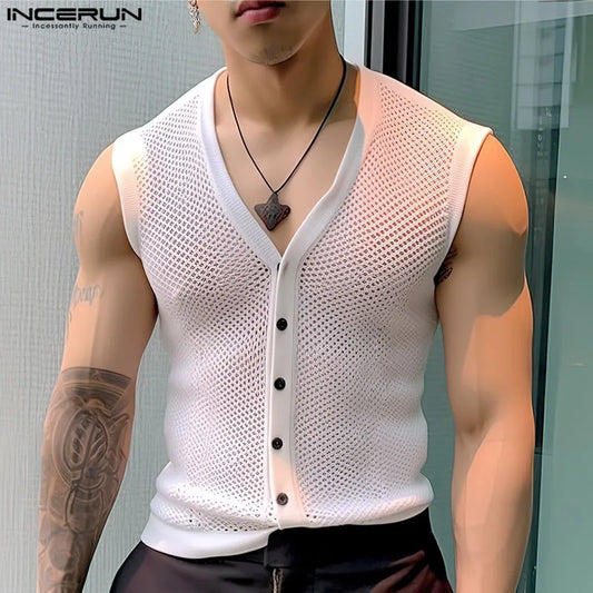 Fashion Leisure Style Tops INCERUN Men Personality Hollow Mesh Vests Summer Sexy Male Hot Sale V-neck Sleeveless Tank Tops S-5XL