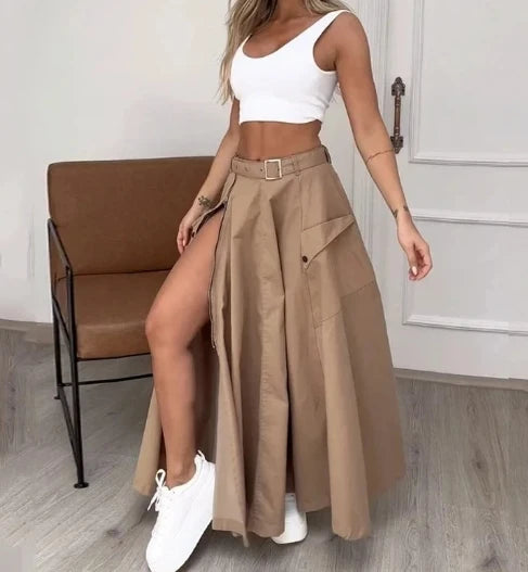 Women's Skirt Set Sleeveless Solid Split Two Piece Set 2024 Early Spring Commuting Style Sleeveless Zipper Medium Length Skirt