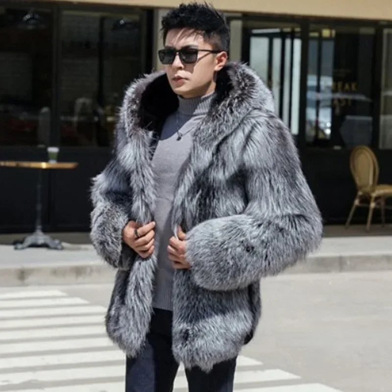 Fur Coat Men Autumn Winter Hooded Thick Faux Fox Jacket Long Sleeve Warm Luxury Fur Black Parkas Bontjas Furry Shaggy Outerwear