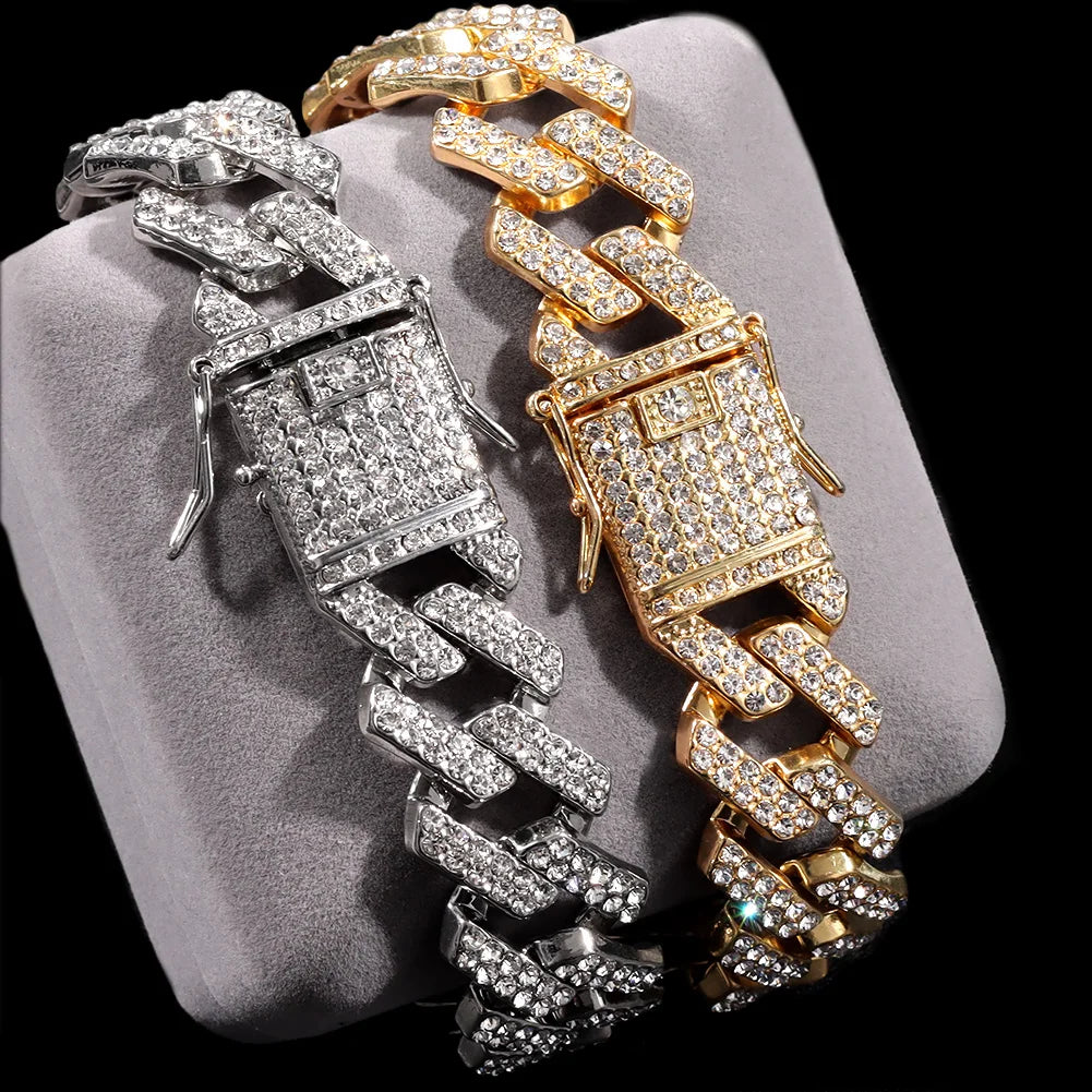 14/20MM Metal Cuban Bracelet Iced Out Chain Bling Full Rhinestone Pave Luxury Crystal Bracelet For Men's Jewelry Gift