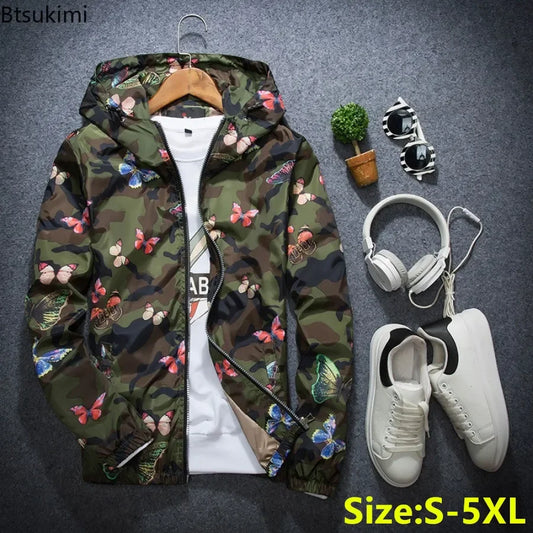 2025 Spring New Men's Camouflage Hooded Jacket Fashion Butterfly Print Loose Casual Coat Men Hood Windproof Outerwear Young Teen