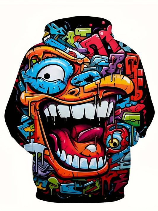 Men's Autumn and Winter Sports Casual Hoodie with Fantasy Abstract Face Print Tops Fashionable Hip-hop Style