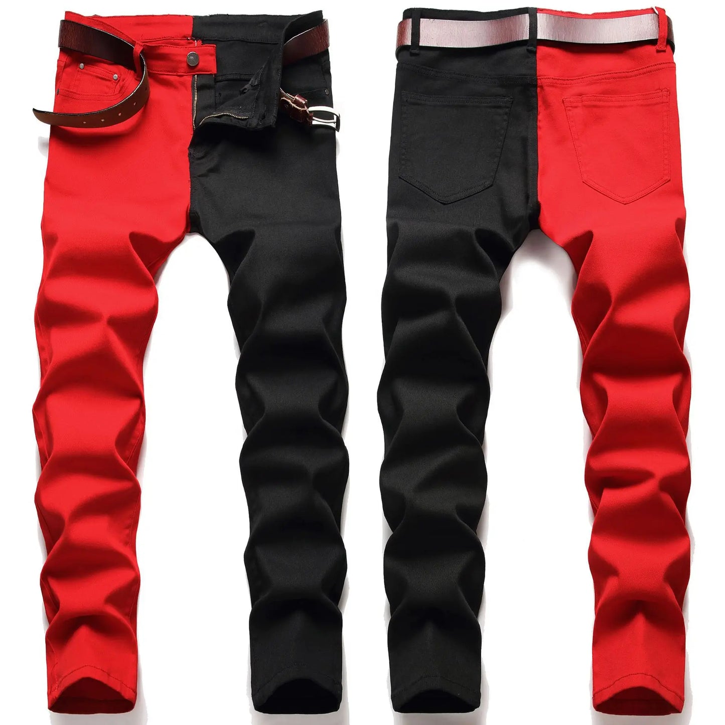 Two Colors Spliced Into Jeans Men's Fashion Casual Trousers and Shorts Red Green Yellow Denim Pants 28-38