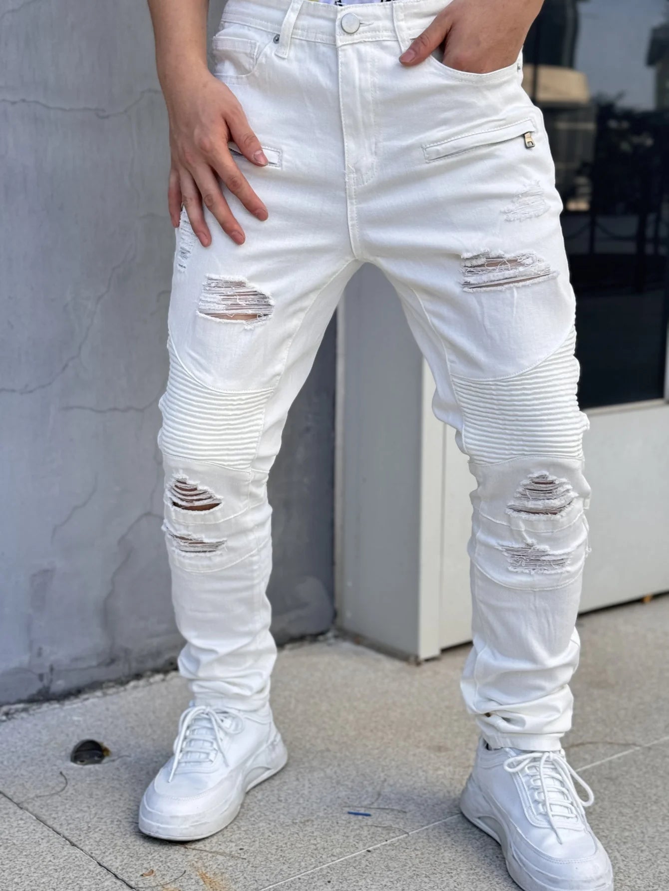 Fashionable Men's Jeans   Cool and Stylish Hip Hop Style Casual Pants   White Cotton Blended Fabric   Breathable and Comfortable