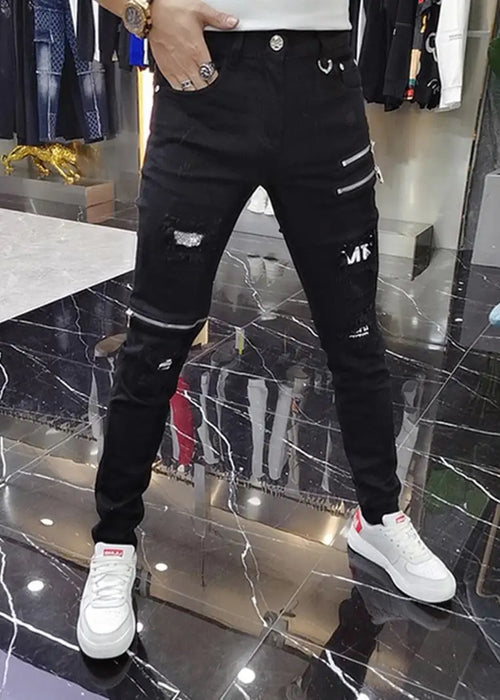 Luxury 2023 Men's High Street Korean Black Jeans with Zipper Distressed Hole Designer Youth Trend Slim-Fit Black Cotton Trousers