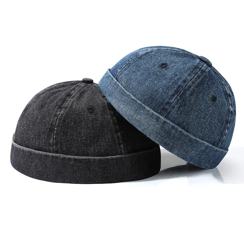 Hip Hop Blue Denim Washed Cotton Landlord Hat Docker Cap Rolled Edge Brimless Sailor Hat Solid Adjustable Beanie Hats Streetwear