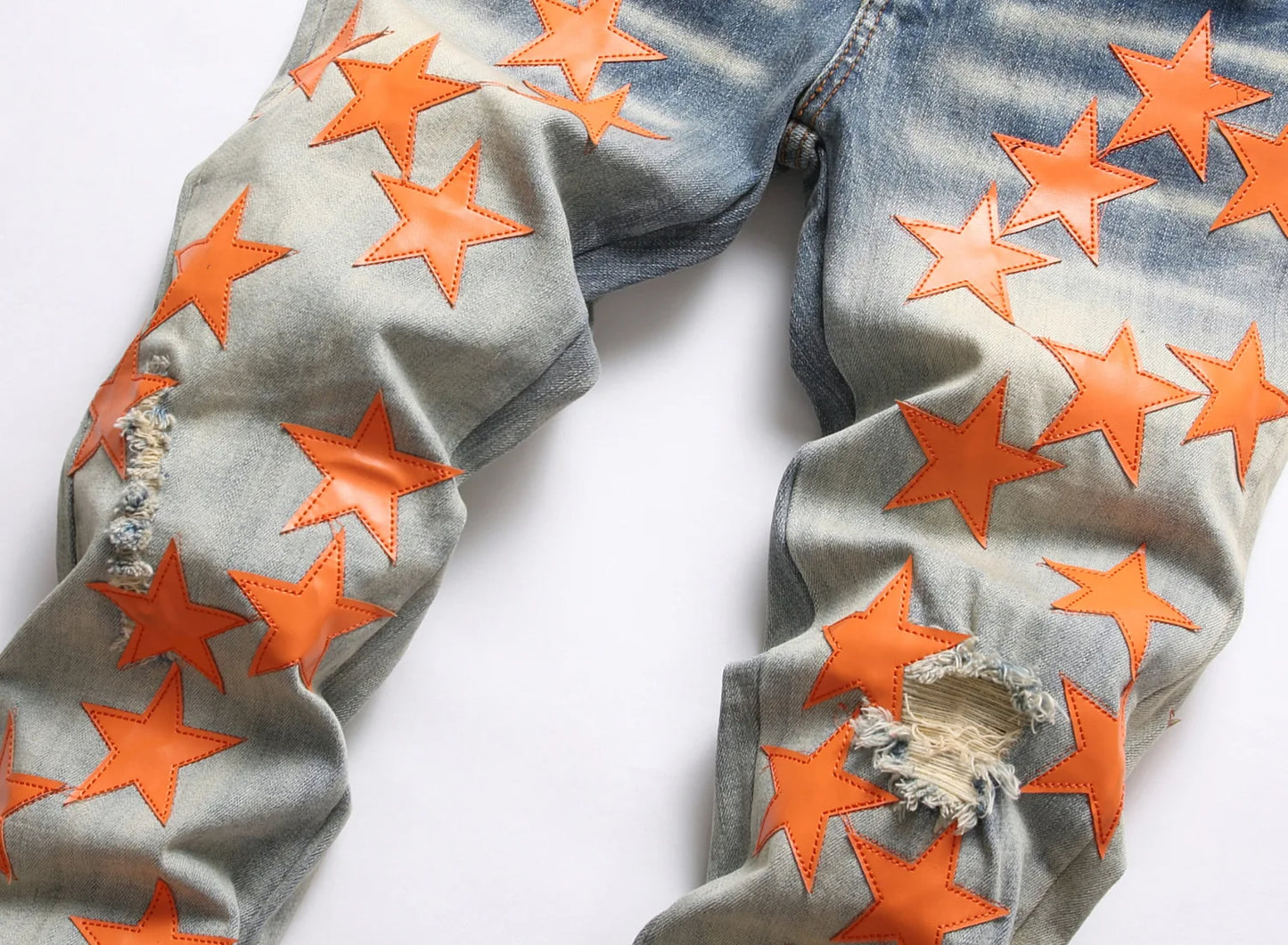 2023 Autumn New Fashion Men High Street Orange Star Embroidery Patch Jeans Men's Slim Fit Full Sky Star Denim Pants Jeans