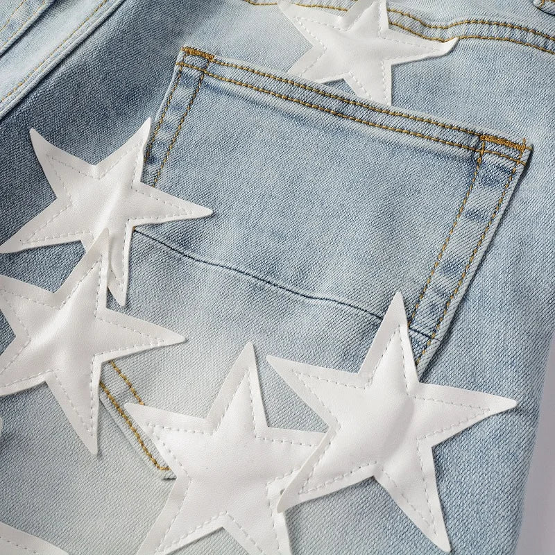 Best Sellers Men's Distressed Streetwear Light Blue Denim Pants Leather White Stars Patchwork Moustache Holes Ripped Jeans Pants