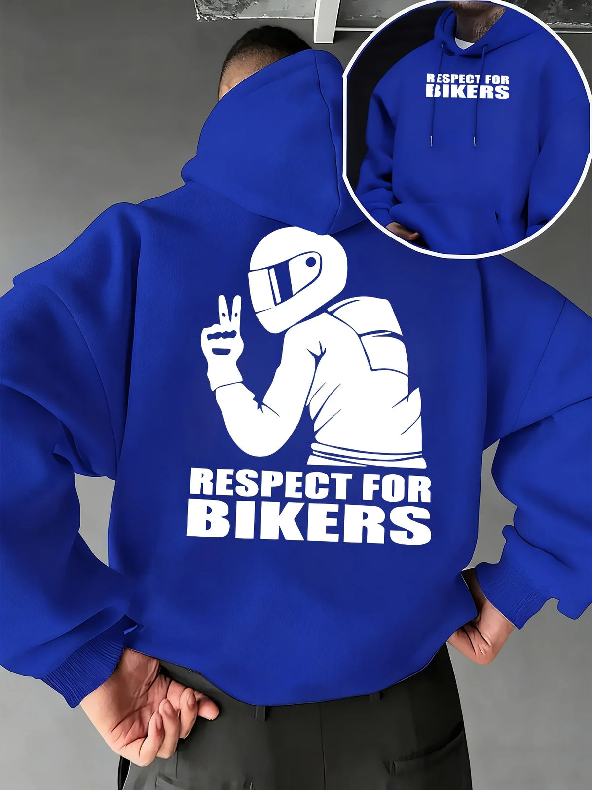 Biker Respect Statement Hoodie with Rider Peace Sign, Hip Hop Sport Style Loose Fit Casual Streetwear Long Sleeve Sweatshirt