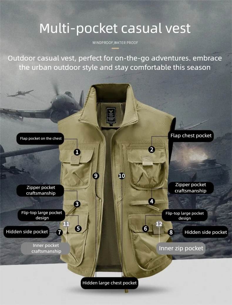 2026 Men's Outdoor Tooling Multi-Pocket Casual Outdoor Fishing Large Size Vest with Vertical Collar Breathable Quick-drying Vest