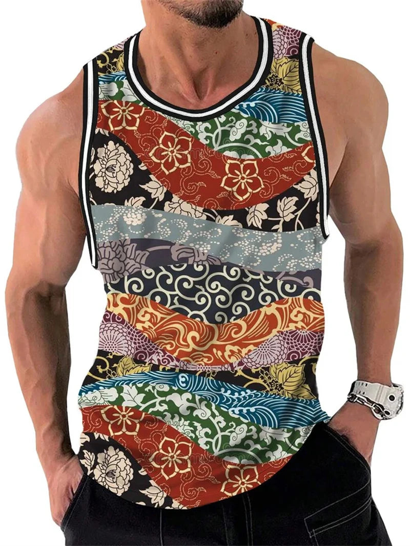 Mens Retro Ethnic Graphic Tank Tops Summer Casual Crew Neck 3D Printed Sleeveless Vest Fashion Breathable Sports Tees Tops