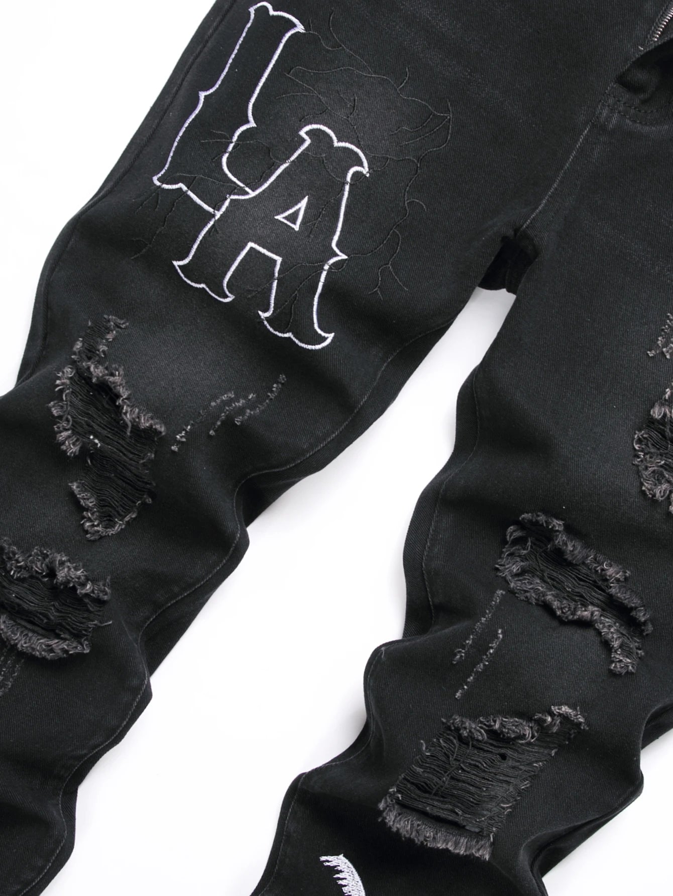 Men's Jeans Black Denim Pants Straight Leg Comfort Mid Waist White Embroidery Casual Streetwear Spring Slim Fit Trousers