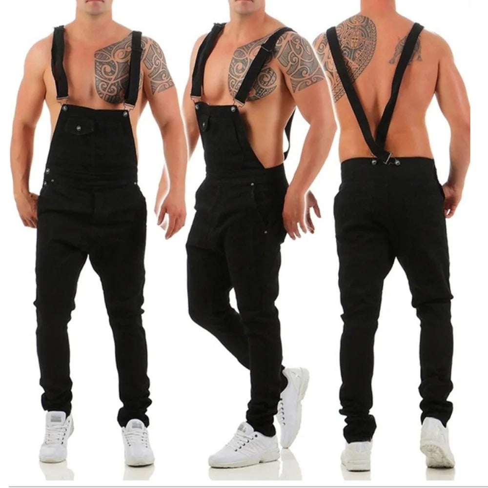 Men Jeans Jumpsuits Denim Pencil Pants Overalls Solid One Piece Washing Cargo Pockets Mid Waist Streetwear Ankle Length Slim