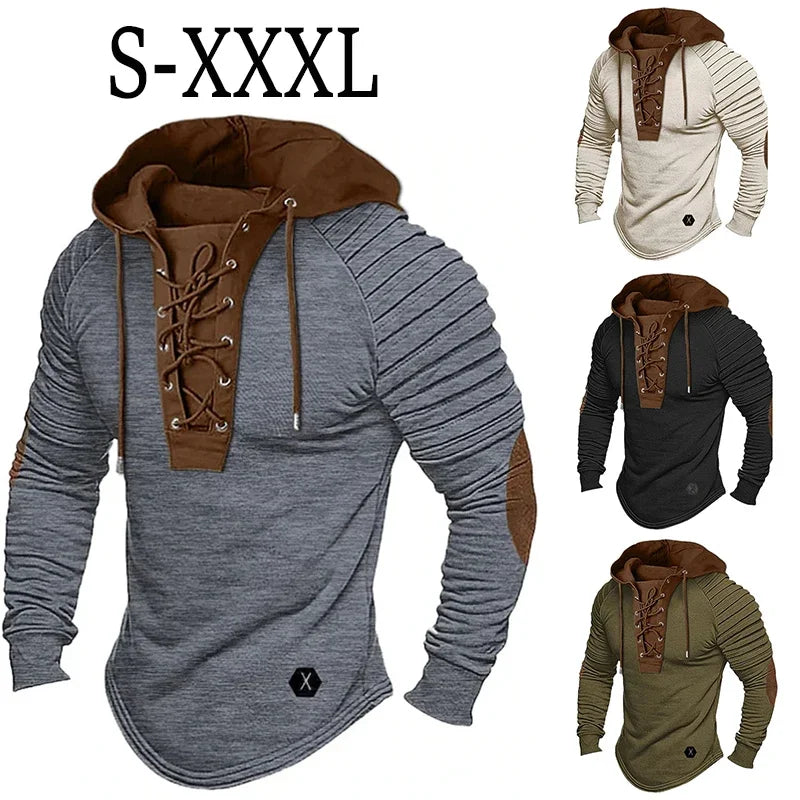 Men's Color Matching Long Sleeve Hoodie Sweatshirt Gym Fitness Muscle Bodybuilding T-shirt Casual Pullover Top Coat Outwear