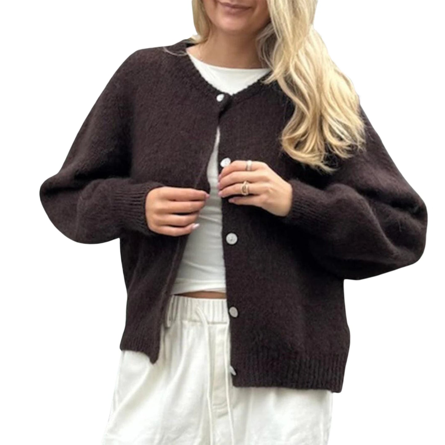 Women s Solid Color Cardigan Fuzzy Long Sleeve Button Down Sweater Soft Knit Tops Outerwear