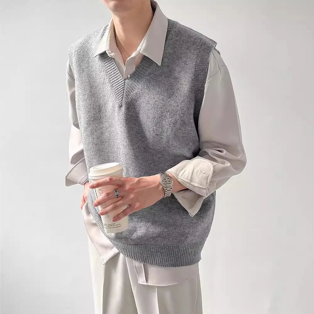 Korean Loose Base Knitted Sweater Sleeveless Vest Men's Underwear Pullover V-neck Sweater Vest