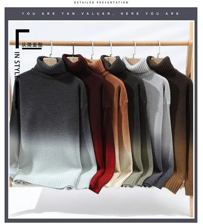 Men Turtleneck Sweater Classic Gradient Knitted Pullover Vintage American Fit Loose Harajuku Men's Knitwear Sweaters Multicolors