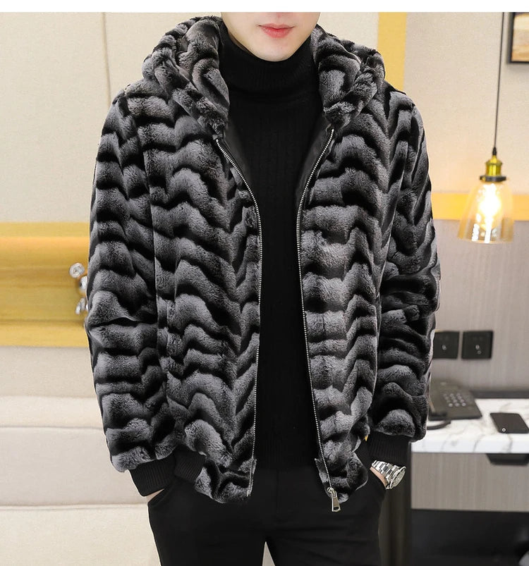 2022 Winter Faux Fur Mink Jackets Men Thicken Warm Imitation Fur Hooded Coat Slim Casual Business Social Jackets Men Clothing